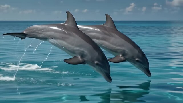 Two playful dolphins leaping out of clear blue ocean water, splashing dynamically in their natural marine environment.