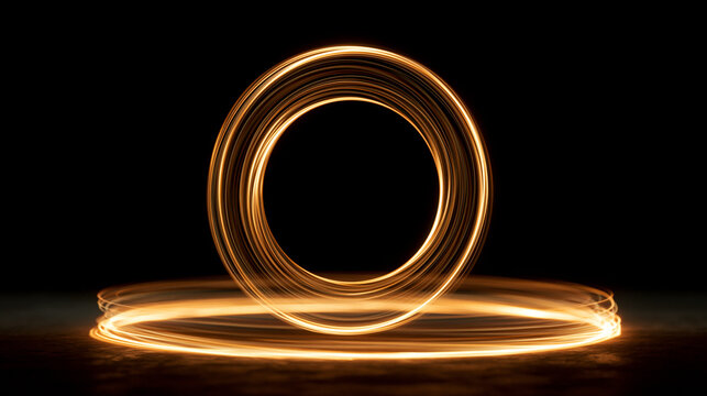 Abstract glowing gold ring made of flowing light with floor reflection