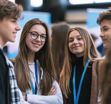 Teen students build networking experience at a trade show, practicing communication, meeting people, and exploring future career paths.