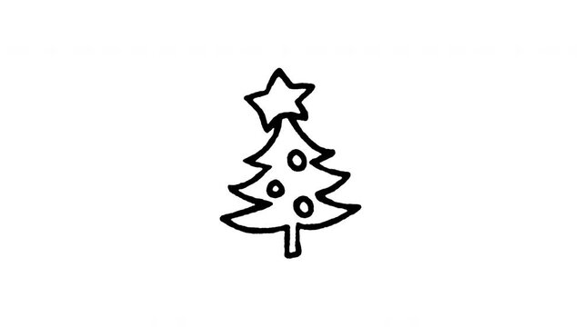 4K hand drawn Christmas tree icon featuring boiling line motion. Frame by frame line art on black and green screen chroma key background for pine tree decoration, Xmas holiday, and celebration.