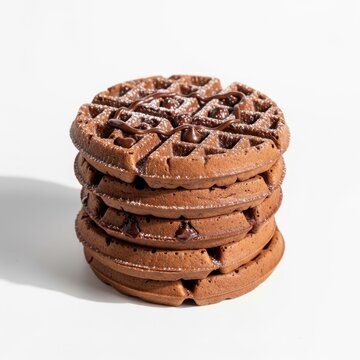A stack of three chocolate waffles sits on a white surface. Each waffle is dusted with powdered sugar and drizzled with melted chocolate.