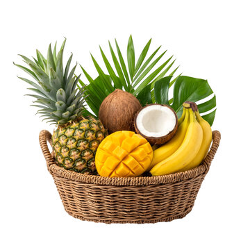 Fresh tropical fruit basket with pineapple coconut mango and bananas isolated on transparent background
