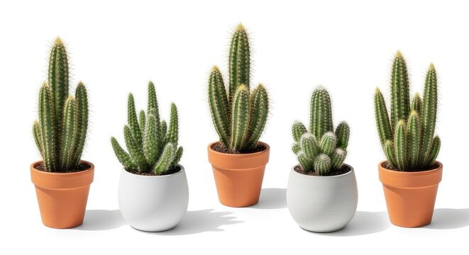 Five small cacti sit in terracotta and white pots on a white background. The cacti vary in height and shape, displaying different spines and textures.