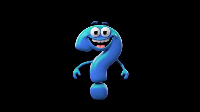 A playful 3D cartoon blue question mark symbol character with big eyes and a wide happy grin dancing cheerfully, isolated against a dark backdrop. Perfect for quiz shows, FAQ videos, trivia games, edu