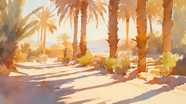 Mediterranean palm grove with a sandy path leading to the sea. Watercolor illustration of a coastal landscape during golden hour