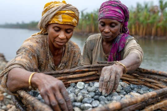 African women sorting stones for livelihood by river