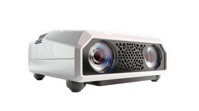 Modern silver projector device with background detailed lens sleek on transparent background