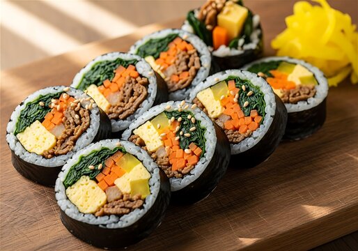 Korean Kimbap Rolls With Beef Bulgogi Carrot Spinach Egg And Pickled Radish On Wooden Board