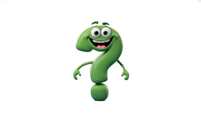 A detailed 3D model of a green question mark symbol designed as a cheerful animated character with a wide open smile, isolated against a solid white studio backdrop. Ideal for corporate FAQs, educatio