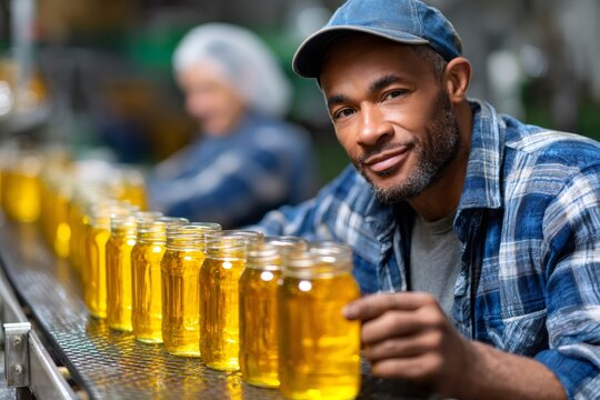 Man working in food production line checking jars