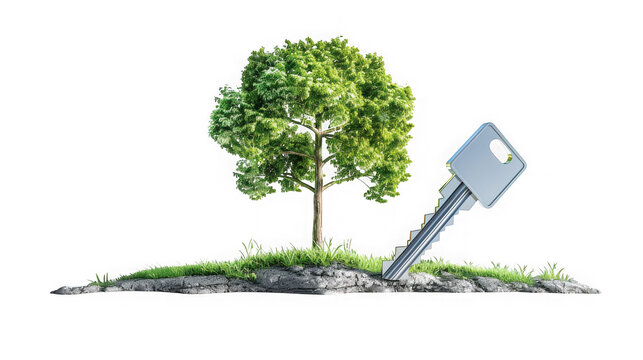 Metal key with tree on isolated rock with small floating island key on transparent background