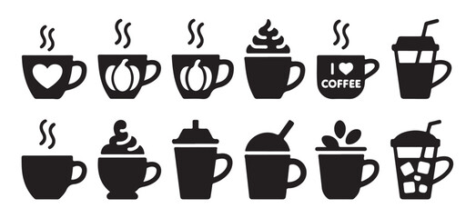Obraz premium Set of twelve black icons depicting various coffee drinks cups mugs and iced beverages for menu design.