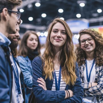 Teen students build networking experience at a trade show, practicing communication, meeting people, and exploring future career paths.