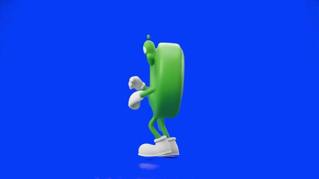 A side view of a 3D cartoon green infinity symbol character dancing and moving isolated on a solid blue chroma key backdrop. Great for compositing, mathematical animations, loop concepts, and interact