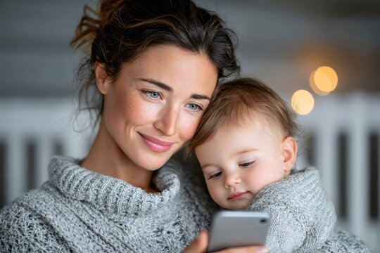 Mother and baby bonding with smartphone technology