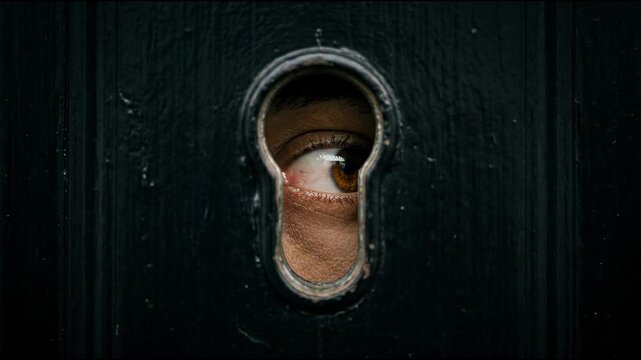 A Person Peeking Through Keyhole Revealing a Vibrant Brown Eye Searching for Truth and Hidden Secrets in the Dark