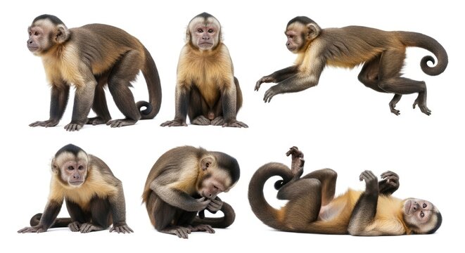 Three capuchin monkeys are posed in various dynamic positions against a white background. The monkeys exhibit a range of actions, including sitting, leaning, and stretching.