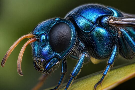 Metallic blue wasp resting on leaf surface close up macro