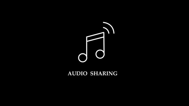 Clean white animated musical note icon with sound waves and AUDIO SHARING text on a dark background, perfect for music apps, podcasts, and sound streaming projects.