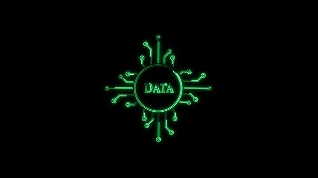 Glowing green neon DATA icon animated with circuit board lines and technology nodes, ideal for big data processing, cyber security, and tech presentation videos.