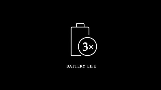 Minimalist white animated battery icon featuring a 3x speed multiplier symbol and BATTERY LIFE text, perfect for tech reviews, power bank, and mobile battery videos.