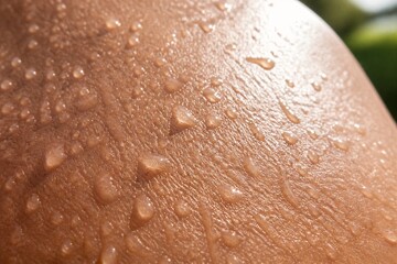 Fototapeta premium Human skin with water droplets macro close up under sunlight