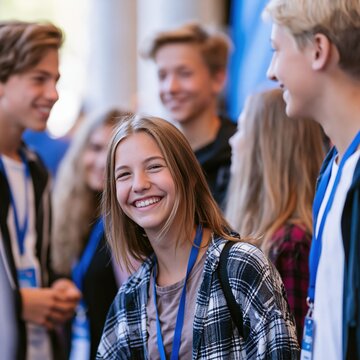 Teen students build networking experience at a trade show, practicing communication, meeting people, and exploring future career paths.
