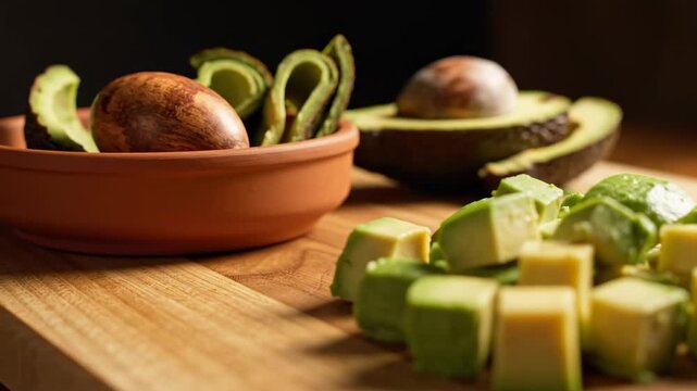 Warm cinematic still life guides focus from diced avocado on a wooden board toward pits and curled peels gathered in a terracotta dish, illustrating mindful prep and compostable kitchen leftovers