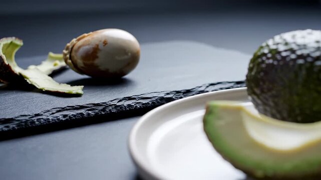 Cool toned avocado composition redirects focus from fresh fruit and a wedge on white ceramic toward an exposed pit and peel on black slate, expressing household composting and low waste food prep