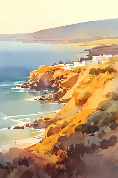 North African Mediterranean coastal plateau watercolor illustration. Cliffs and sea with white village architecture. Travel scenery