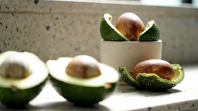 Bright kitchen still life leads the eye from creamy avocado halves toward separated pits and emptied skins arranged beside a ceramic cup, visualizing responsible food prep and compost collection