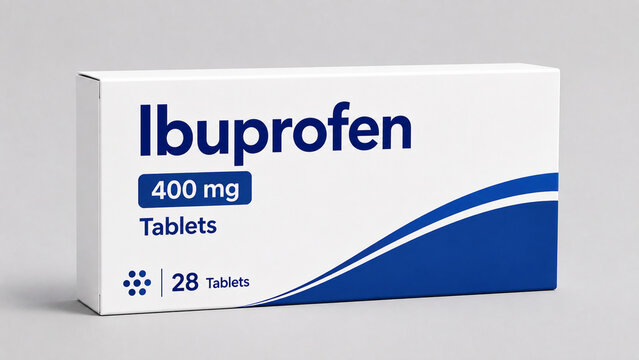 White cardboard box of ibuprofen 400mg pain relief tablets medicine