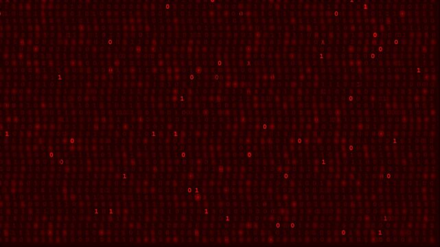 Abstract digital background with glowing red binary code patterns and data stream.