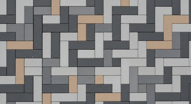 A complex, geometric pattern is created using rectangular blocks of varying shades of gray, beige, and tan.