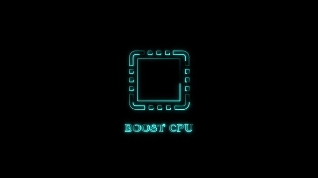 Glowing cyan neon animated processor icon with BOOST CPU text on a black background, ideal for computer performance, overclocking, and fast processing tech videos.