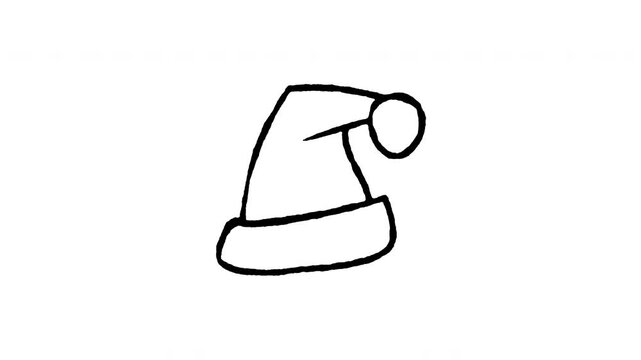 Animated 4K Santa hat doodle icon. White hand drawn line art on black and green screen backgrounds for Christmas cap, holiday costume, winter apparel, and festive celebration video edits.