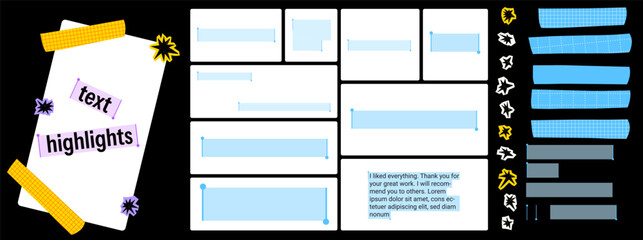 Fototapeta premium Text select set with quote highlight bars and modular note cards. Blue emphasis boxes mix with tape stars on black. Vector text selection collection for social media or infographic design bg and sale