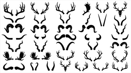 Obraz premium Animal horns and deer antlers silhouettes set, black minimalist trophy hunting symbols for stag, moose, ram and antelope isolated on white background