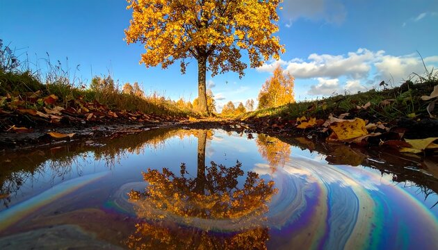 Autumn Reflection Vibrant Yellow Tree Calm Puddle