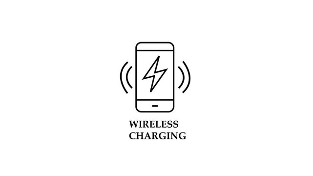 Clean black line art animation of a smartphone with lightning bolt and wave signals with WIRELESS CHARGING text, ideal for mobile battery and tech review videos.