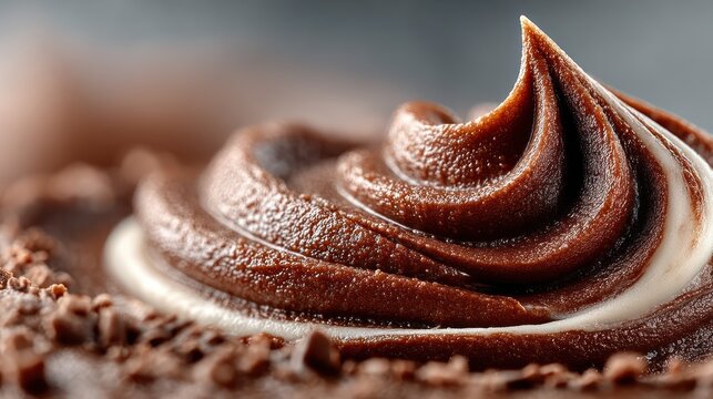 Macro shot showcases detailed swirling chocolate frosting with a hint of white and dark speckles