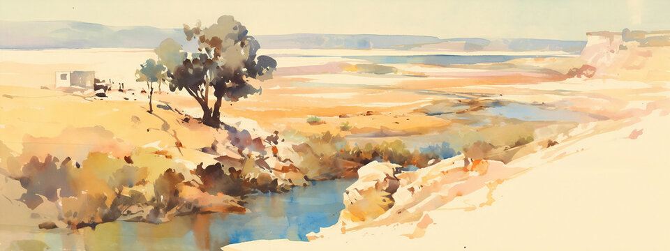 North African Mediterranean arid plateau watercolor illustration. Oasis with a stream, tree, and distant water. Vast landscape