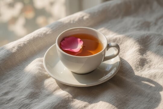 Steaming white cup with rose petal tea rests on folded linen cloth in soft morning sunlight.