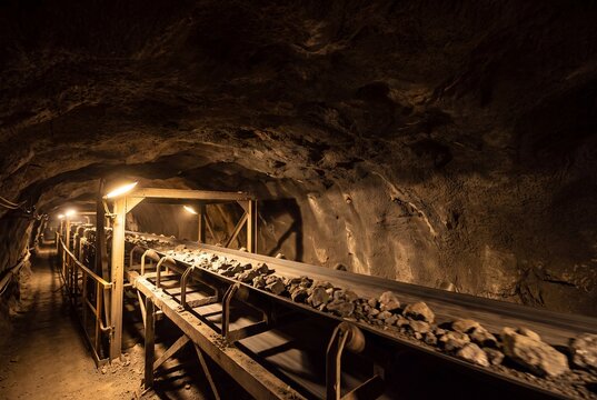 A long conveyor belt loaded with rocks and raw ore operating inside a deep, dark underground mining tunnel illuminated by warm industrial lights.