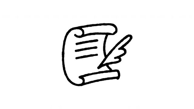 4K animated scroll paper and quill doodle icon featuring boiling line motion. Frame by frame line art on black and green screen chroma key background for vintage letter, feather pen, and wishlist.