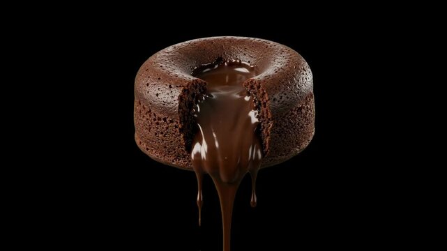 A mouthwatering 3D render of a warm chocolate lava cake cut open with rich dark chocolate flowing out from its center, set against a sleek black background. Great for bakery ads, gourmet dessert menus