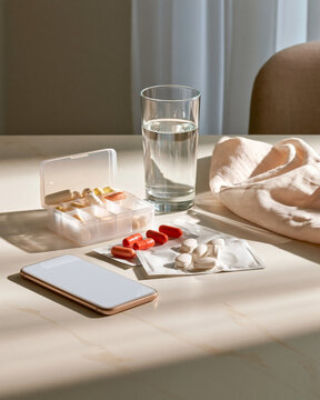 Weekly pill organizer medication packets phone and water on pale table showcasing rural telepharmacy adherence support and healthy aging