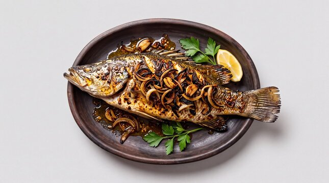 Malian Capitaine Sangha Grilled River Fish with Scorched Onions and Garlic on a Plate
