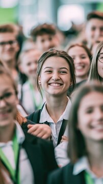 Teen students build networking experience at a trade show, practicing communication, meeting people, and exploring future career paths.