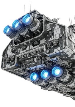 Futuristic Sci-Fi Spaceship with Glowing Blue Engines and Detailed Hull Isolated on White Background